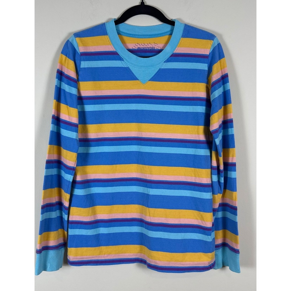 Mokuyobi Long Sleeve Striped Shirt Blue Yellow Pink XS Crew Neck V-Stitch Retro